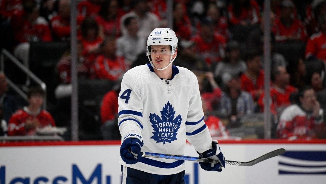 Toronto Maple Leafs center David Kampf (64) looks on during the second period of an NHL hockey game against the Washington Capitals, Sunday, April 24, 2022, in Washington.