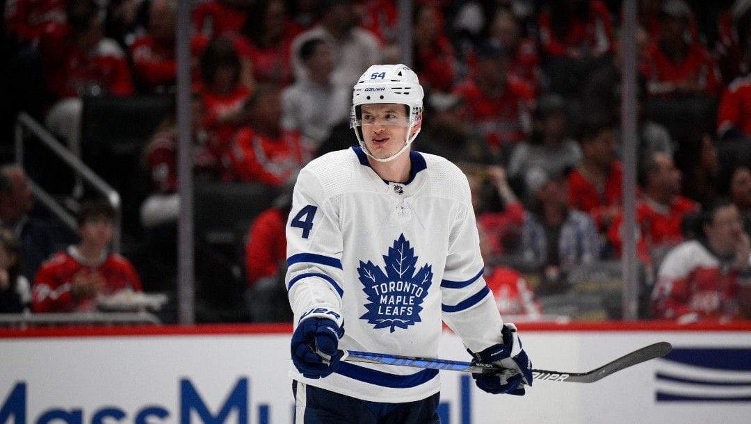Toronto Maple Leafs center David Kampf (64) looks on during the second period of an NHL hockey game against the Washington Capitals, Sunday, April 24, 2022, in Washington.