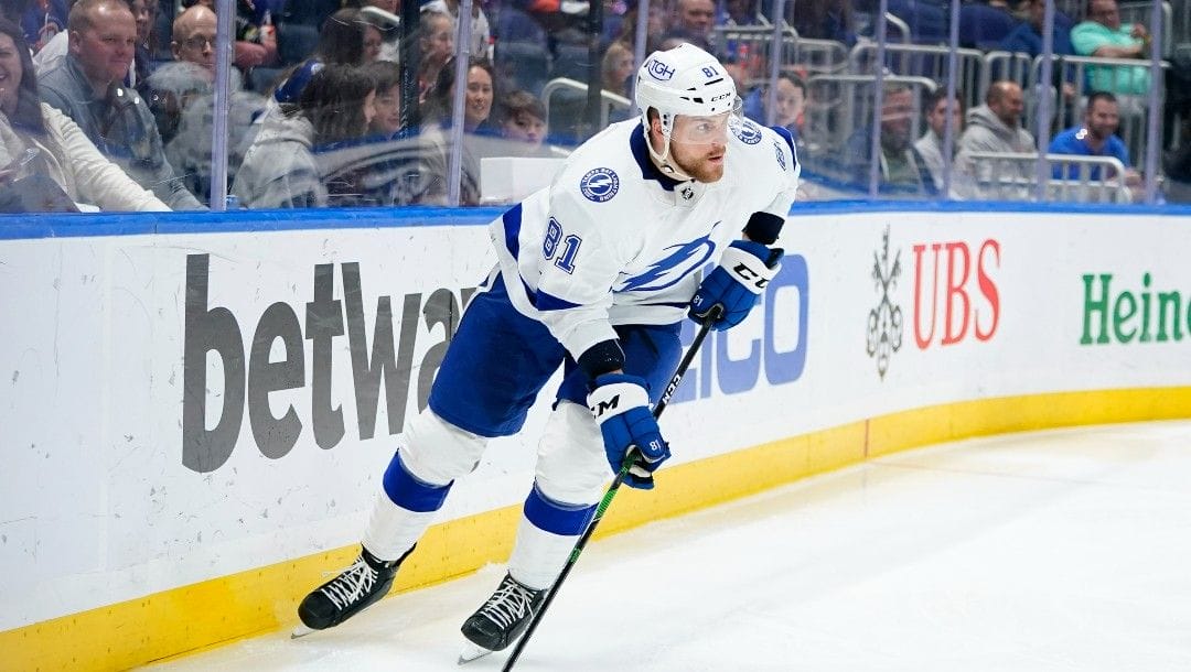 Tampa Bay Lightning's Erik Cernak (81) during the second period of an NHL hockey game against the New York Islanders Friday, April 29, 2022, in Elmont, N.Y.