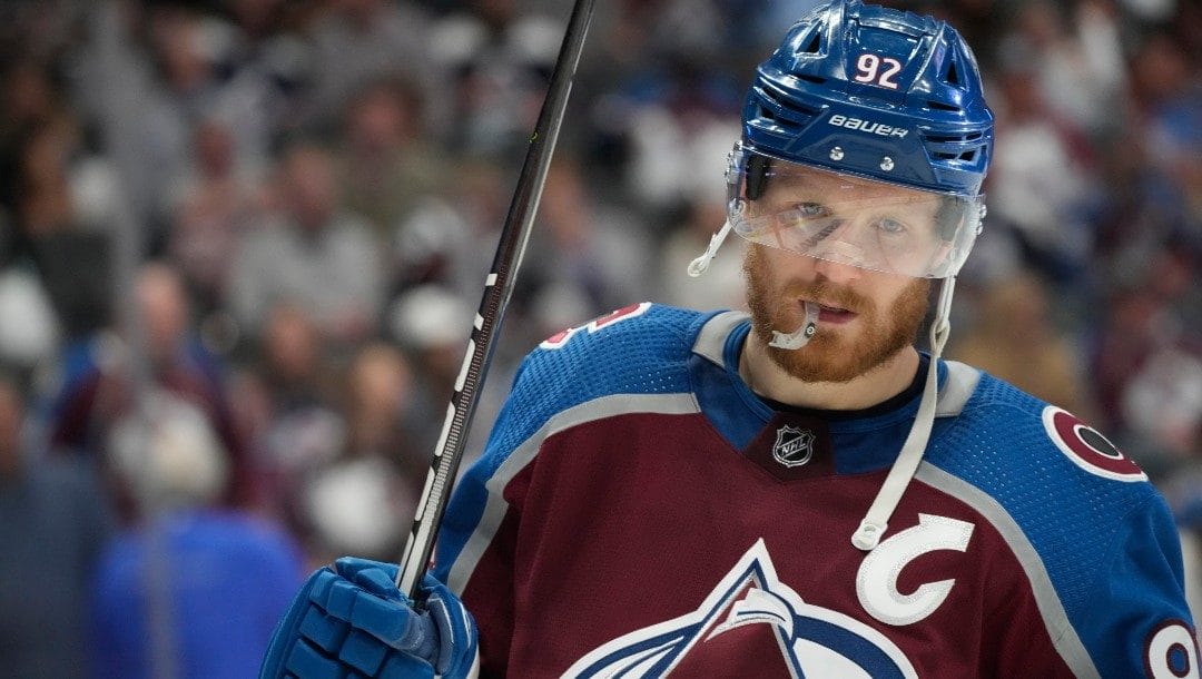 Colorado Avalanche left wing Gabriel Landeskog (92) in the second period of Game 5 of an NHL hockey Stanley Cup second-round playoff series Wednesday, May 25, 2022, in Denver.
