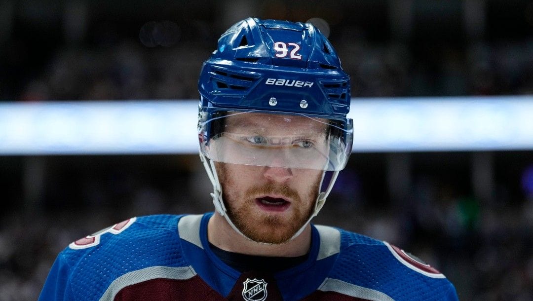 Colorado Avalanche left wing Gabriel Landeskog (92) skates during Game 1 of the team's NHL hockey Stanley Cup first-round playoff series against the Nashville Predators on Tuesday, May 3, 2022, in Denver.