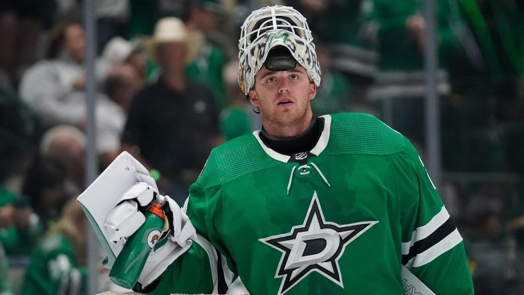 Dallas Stars goaltender Jake Oettinger in the second period of Game 4 of an NHL hockey Stanley Cup first-round playoff series against the Calgary Flames, Monday, May 9, 2022, in Dallas.