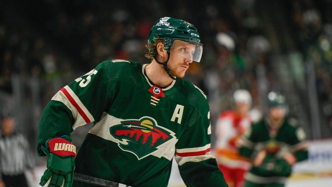 Minnesota Wild defenseman Jonas Brodin in action against the Calgary Flames during the second period of an NHL hockey game Thursday, April 28, 2022, in St. Paul, Minn. The Wild won 3-2 in overtime.