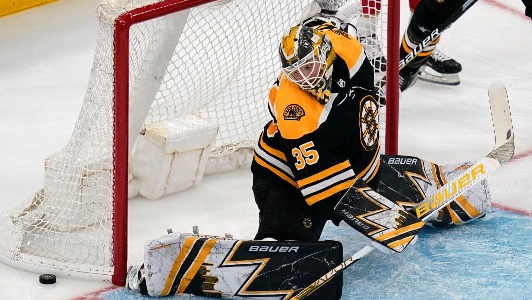Boston Bruins goaltender Linus Ullmark (35) during an NHL hockey game, Tuesday, April 26, 2022, in Boston.