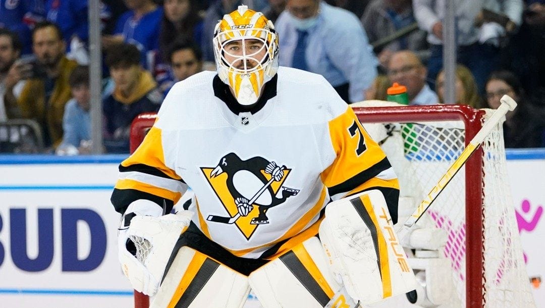 Pittsburgh Penguins goaltender Louis Domingue (70) during the first period of Game 5 of an NHL hockey Stanley Cup first-round playoff series against the New York Rangers Wednesday, May 11, 2022, in New York.