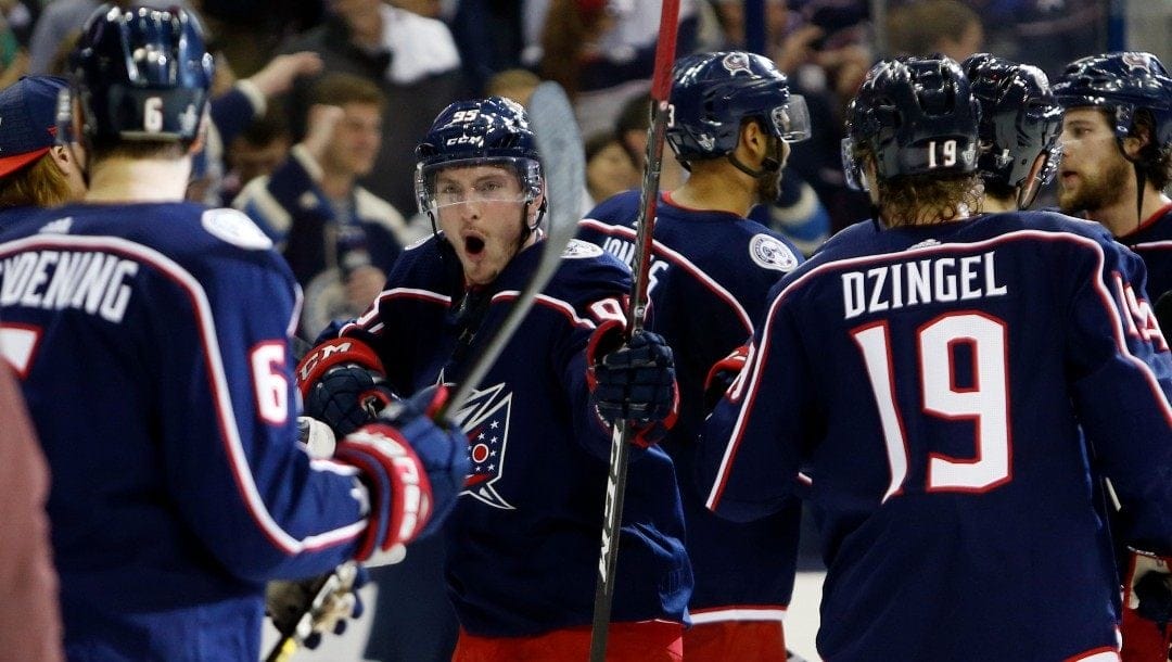 Columbus Blue Jackets' Matt Duchene celebrates the team's win over the Tampa Bay Lightning in Game 4 of an NHL hockey first-round playoff series, Tuesday, April 16, 2019, in Columbus, Ohio.