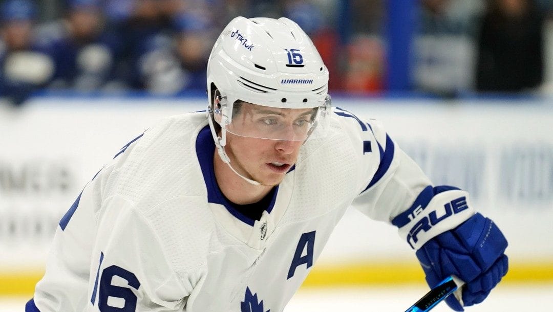 Toronto Maple Leafs right wing Mitchell Marner (16) during the first period in Game 3 of an NHL hockey first-round playoff series against the Tampa Bay Lightning Friday, May 6, 2022, in Tampa, Fla.