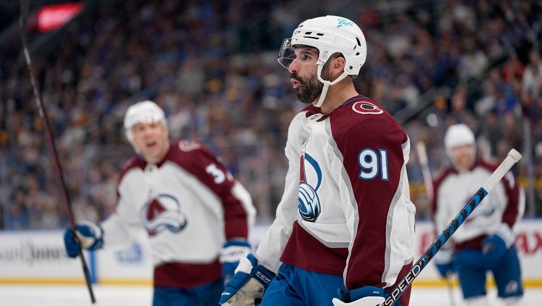 Colorado Avalanche's Nazem Kadri (91) celebrates after scoring during the third period in Game 4 of an NHL hockey Stanley Cup second-round playoff series against the St. Louis Blues Monday, May 23, 2022, in St. Louis.