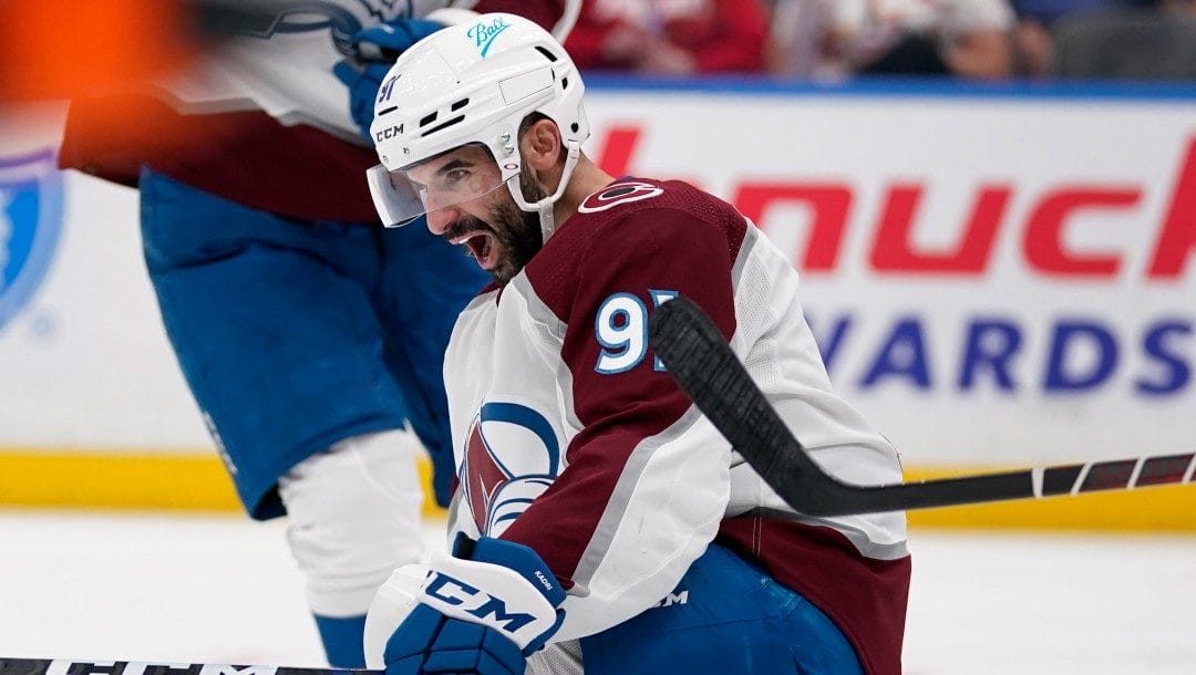 Colorado Avalanche's Nazem Kadri celebrates after scoring during the third period in Game 4 of an NHL hockey Stanley Cup second-round playoff series against the St. Louis Blues Monday, May 23, 2022, in St. Louis.