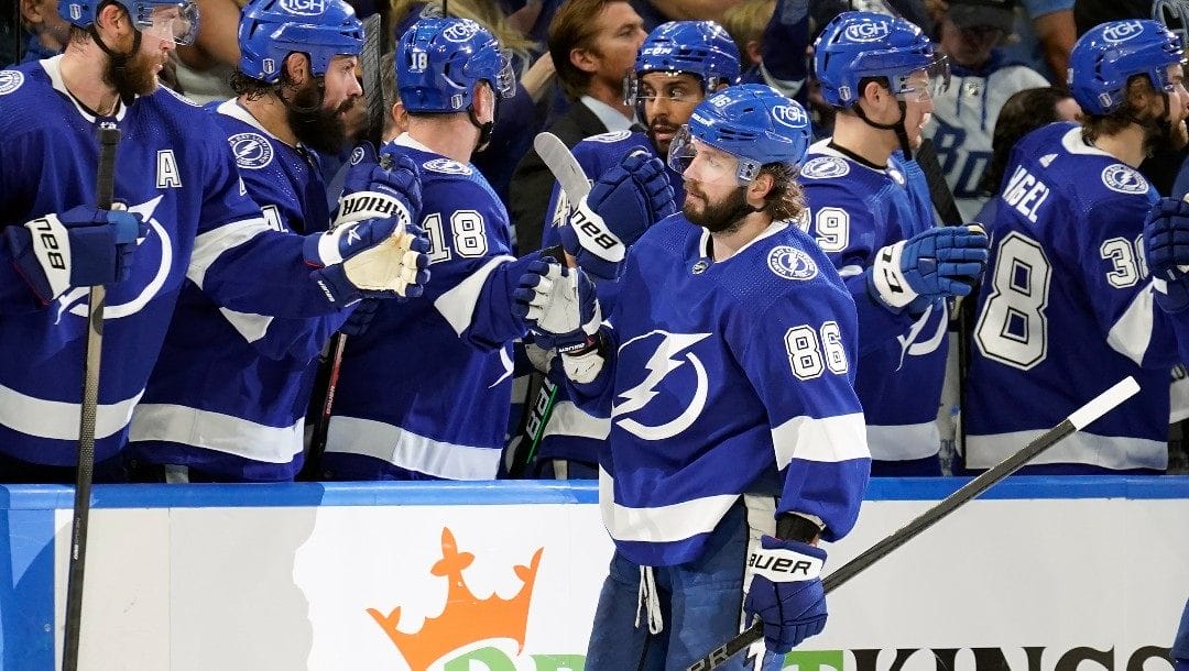Tampa Bay Lightning right wing Nikita Kucherov (86) celebrates with the bench after scoring against the Toronto Maple Leafs during the third period in Game 6 of an NHL hockey first-round playoff series Thursday, May 12, 2022, in Tampa, Fla.