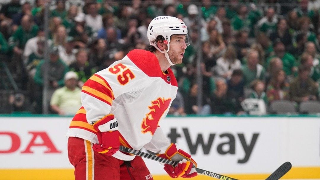 Calgary Flames defenseman Noah Hanifin skates against the Dallas Stars during the first period of Game 6 of an NHL hockey Stanley Cup first-round playoff series, Friday, May 13, 2022, in Dallas.