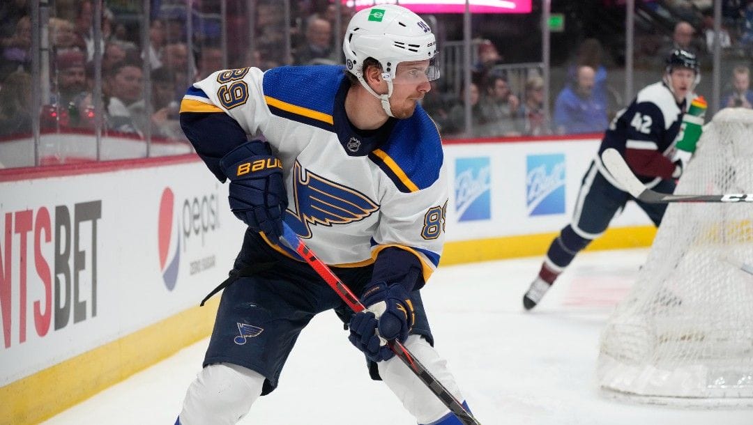 St. Louis Blues left wing Pavel Buchnevich (89) in the second period of an NHL hockey game Tuesday, April 26, 2022, in Denver.