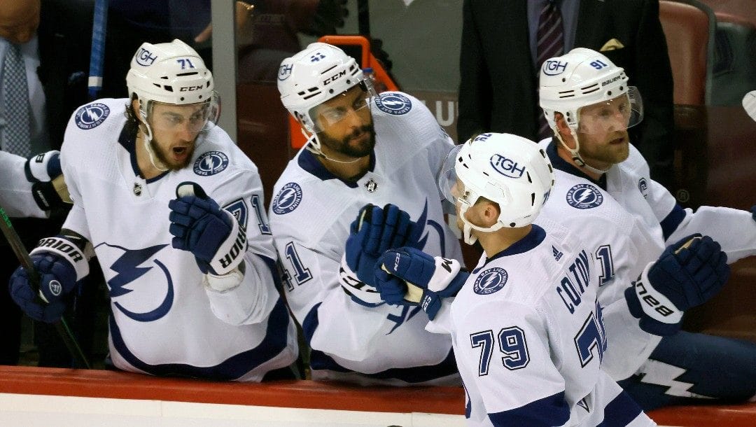 Tampa Bay Lightning center Ross Colton (79) celebrates a goal against the Florida Panthers with his bench during the third period of Game 1 of an NHL hockey second-round playoff series Tuesday, May 17, 2022, in Sunrise, Fla.