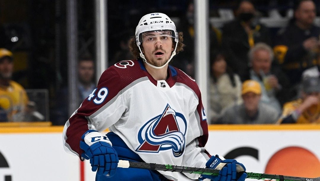 Colorado Avalanche defenseman Samuel Girard (49) plays against the Nashville Predators during the second period in Game 3 of an NHL hockey Stanley Cup first-round playoff series Saturday, May 7, 2022, in Nashville, Tenn.