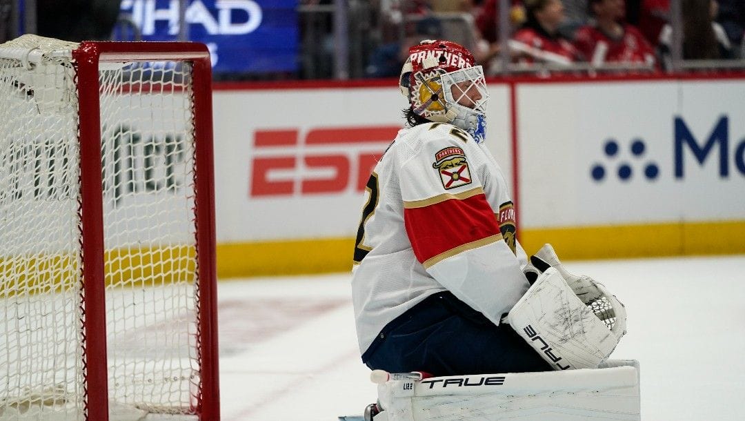Florida Panthers goaltender Sergei Bobrovsky (72) sits during the first period of Game 3 in the first-round of the NHL Stanley Cup hockey playoffs against the Washington Capitals, Saturday, May 7, 2022, in Washington.