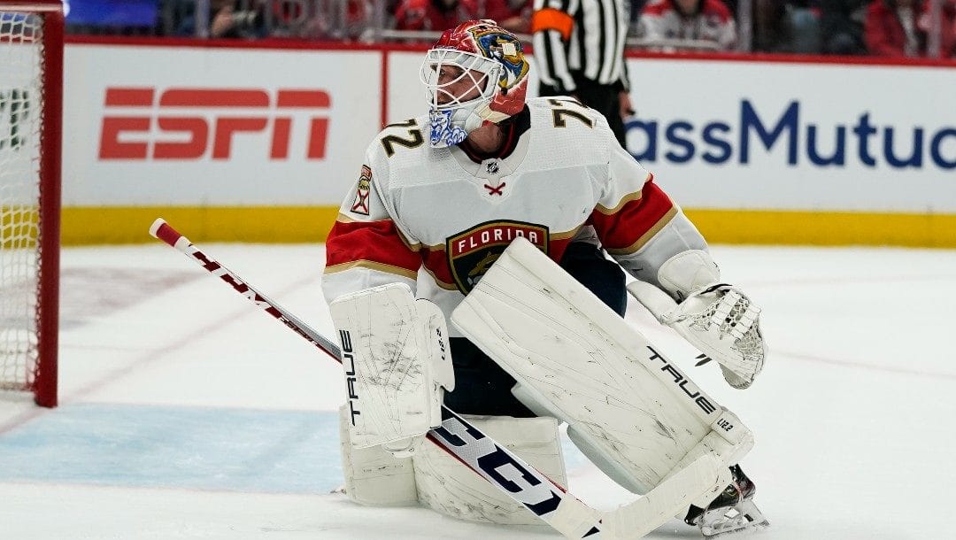 Florida Panthers goaltender Sergei Bobrovsky (72) watches the puck during the first period of Game 3 in the first-round of the NHL Stanley Cup hockey playoffs against the Washington Capitals, Saturday, May 7, 2022, in Washington.