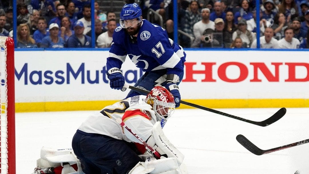 Florida Panthers goaltender Sergei Bobrovsky (72) makes a save on a shot by Tampa Bay Lightning left wing Alex Killorn (17) during the second period in Game 3 of an NHL hockey second-round playoff series Sunday, May 22, 2022, in Tampa, Fla.