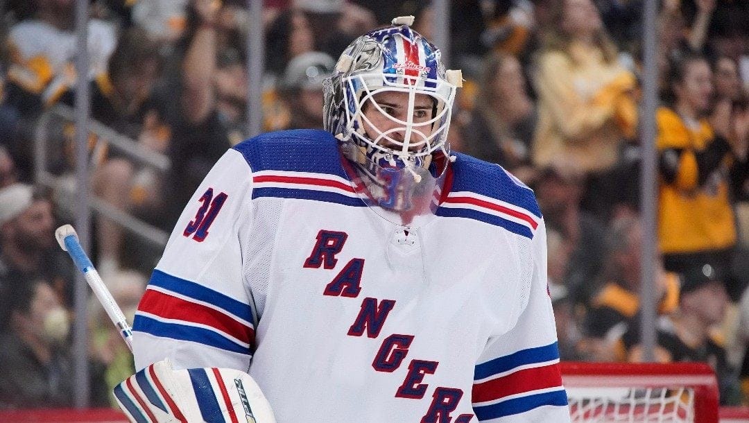 New York Rangers goaltender Igor Shesterkin plays in Game 6 of an NHL hockey Stanley Cup first-round playoff series against the Pittsburgh Penguins in Pittsburgh, Friday, May 13, 2022.
