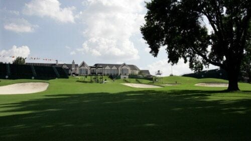 The 18th fairway with the Southern Hills Country Club clubhouse visible is viewed at the 89th PGA Golf Championship in Tulsa, Okla.