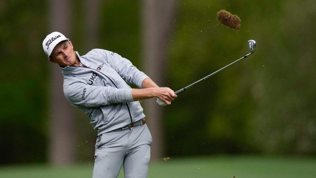 Will Zalatoris hits on the 12th fairway during the third round at the Masters golf tournament on Saturday, April 9, 2022, in Augusta, Ga.