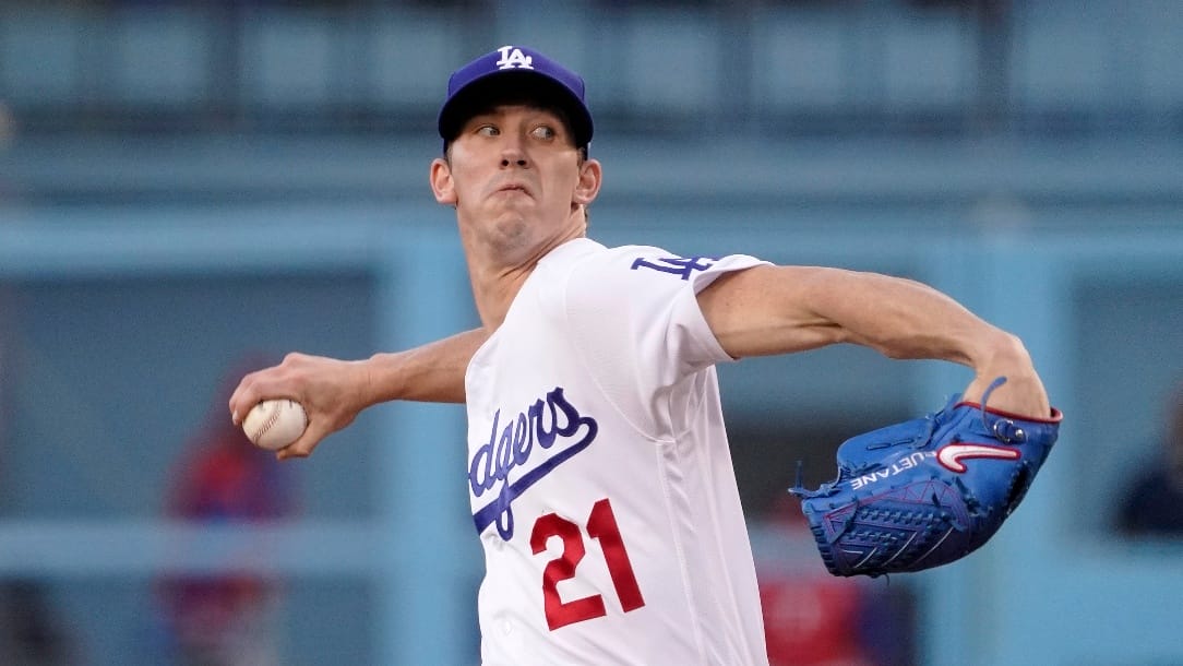 Los Angeles Dodgers starting pitcher Walker Buehler throws to the plate during the first inning of a baseball game against the Philadelphia Phillies Friday, May 13, 2022, in Los Angeles. (AP Photo/Mark J. Terrill)