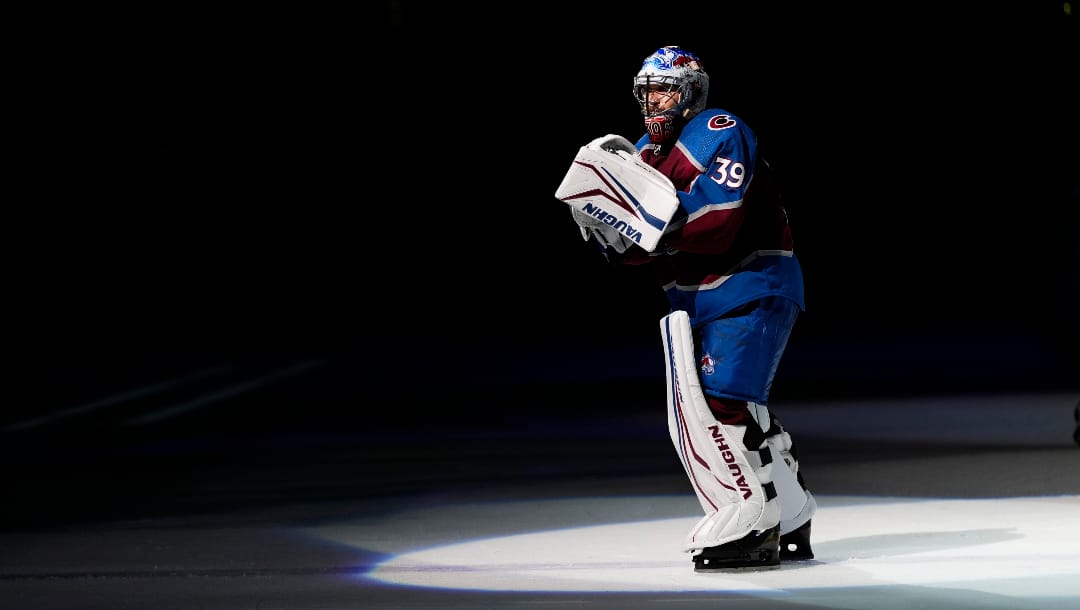 Colorado Avalanche goaltender Pavel Francouz skates on the ice after the team's 4-0 win over the Edmonton Oilers in Game 2 of the NHL hockey Stanley Cup playoffs Western Conference finals Thursday, June 2, 2022, in Denver. (AP Photo/Jack Dempsey)