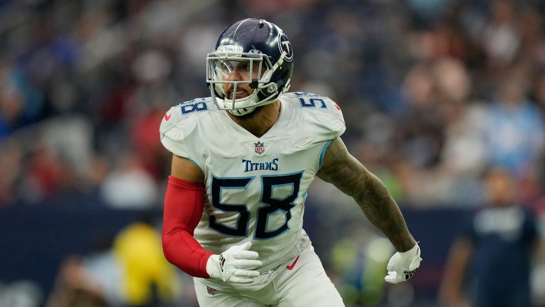 Tennessee Titans outside linebacker Harold Landry (58) during the first half of an NFL football game against the Houston Texans, Sunday, Jan. 9, 2022, in Houston. (AP Photo/Eric Christian Smith)