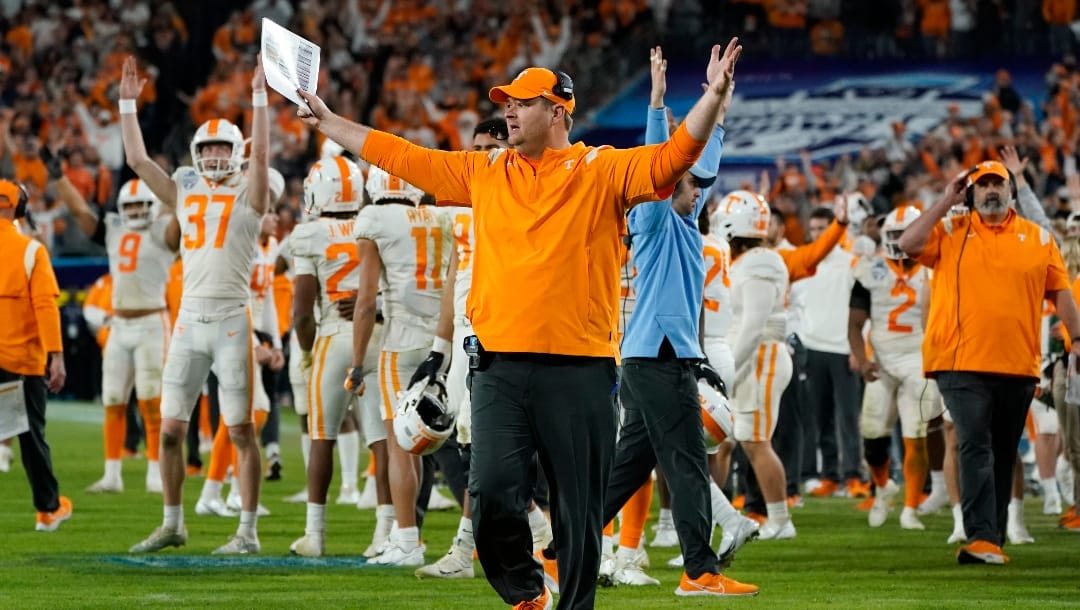 Tennessee head coach Josh Heupel reacts to the ruling that the Purdue defense stopped Tennessee running back Jaylen Wright short of the goal line in overtime of the Music City Bowl NCAA college football game Thursday, Dec. 30, 2019, in Nashville, Tenn. Purdue kicked a field goal to win in overtime 48-45. (AP Photo/Mark Humphrey)