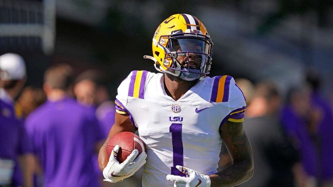 LSU wide receiver Kayshon Boutte (1) returns a punt during pregame drills prior to an NCAA college football game against Mississippi State, Saturday, Sept. 25, 2021, in Starkville, Miss. LSU won 28-25. (AP Photo/Rogelio V. Solis)