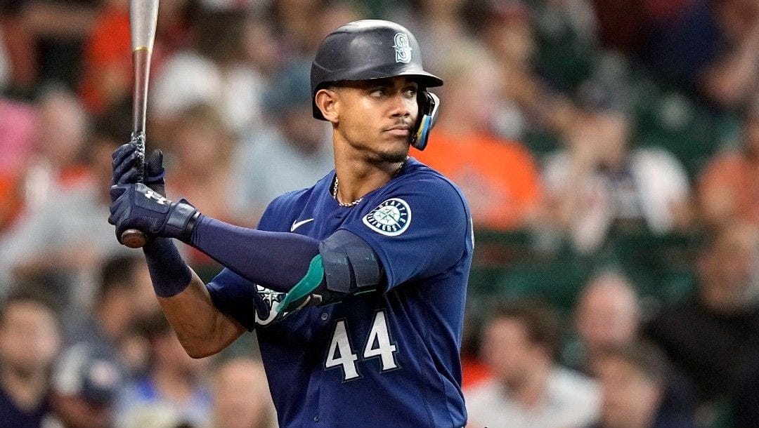 Seattle Mariners' Julio Rodriguez bats against the Houston Astrosduring the third inning of a baseball game Wednesday, June 8, 2022, in Houston.
