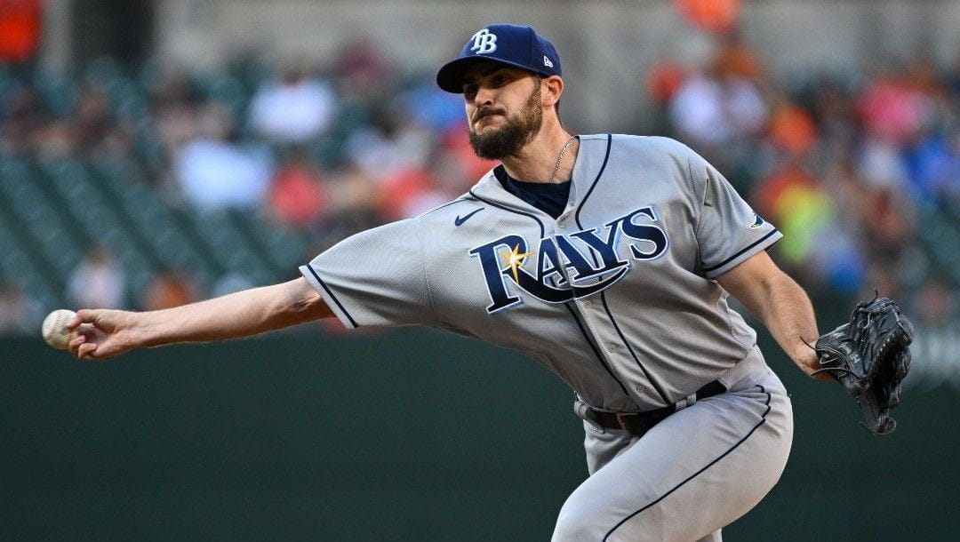 Tampa Bay Rays starting pitcher Ryan Thompson throws during the sixth inning of a baseball game against the Baltimore Orioles, Saturday, June 18, 2022, in Baltimore.