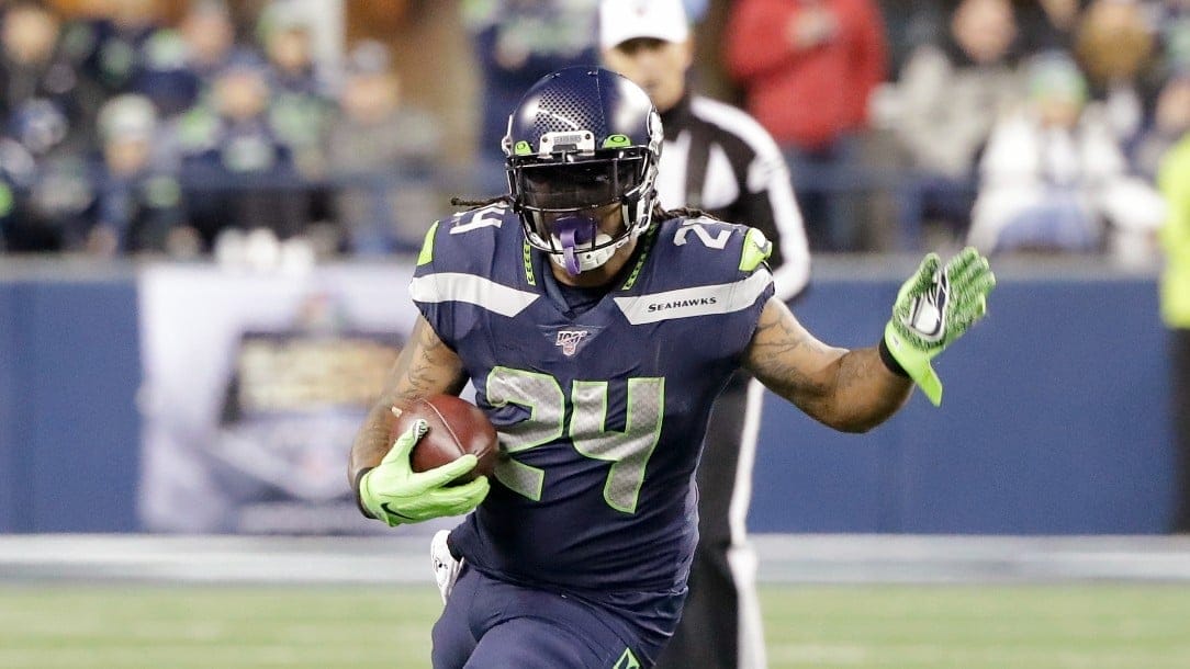 Seattle Seahawks running back Marshawn Lynch carries against the San Francisco 49ers in 2019.