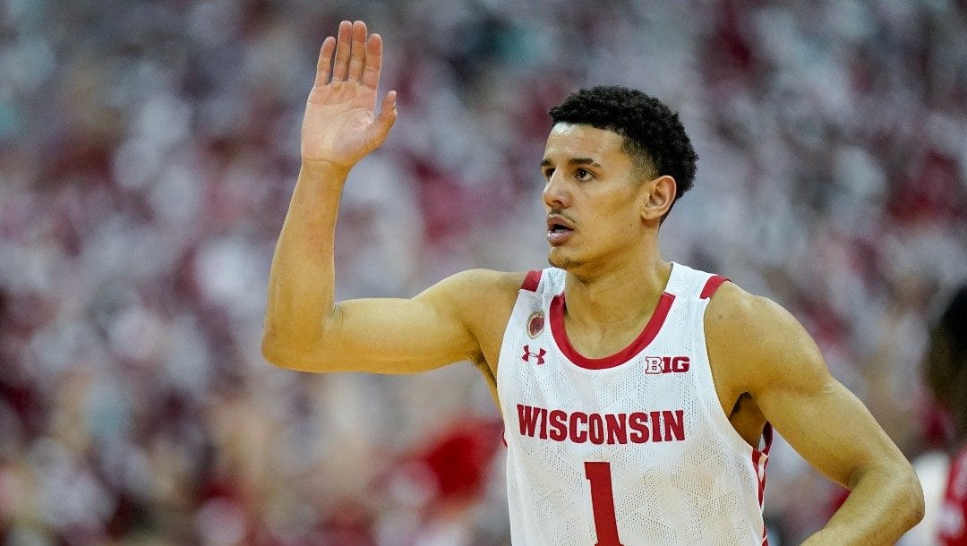 Wisconsin's Johnny Davis (1) during the first half of an NCAA college basketball game against Nebraska Sunday, March 6, 2022, in Madison, Wis.