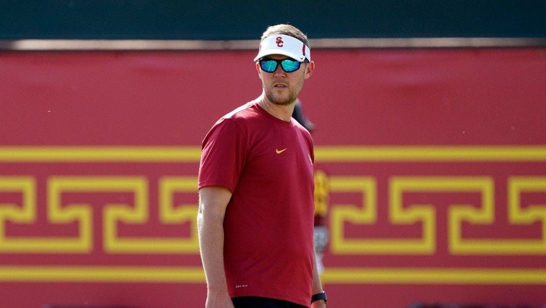 Southern California head coach Lincoln Riley watches his team during an NCAA college football practice Tuesday, April 5, 2022, in Los Angeles.