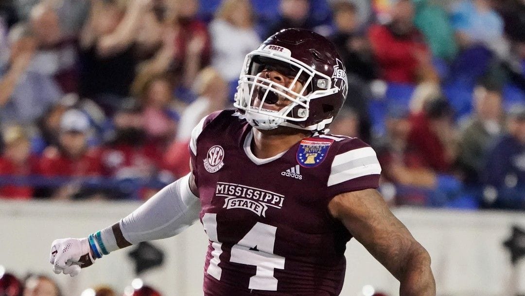 Mississippi State linebacker Nathaniel Watson celebrates after a play against Texas Tech in the Liberty Bowl NCAA college football game Tuesday, Dec. 28, 2019, in Memphis, Tenn.