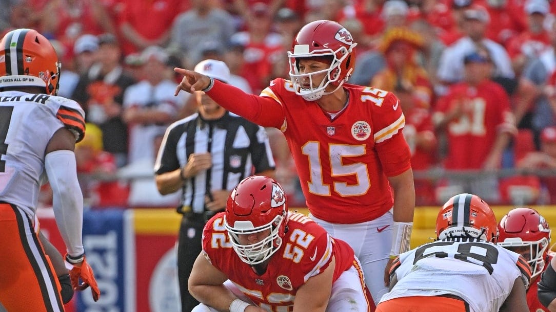 Kansas City Chiefs quarterback Patrick Mahomes (15) calls out instructions behind center Creed Humphrey (52) during an NFL football game against the Cleveland Browns Sunday, Sept. 12, 2021, in Kansas City, Mo. (AP Photo/Peter Aiken)