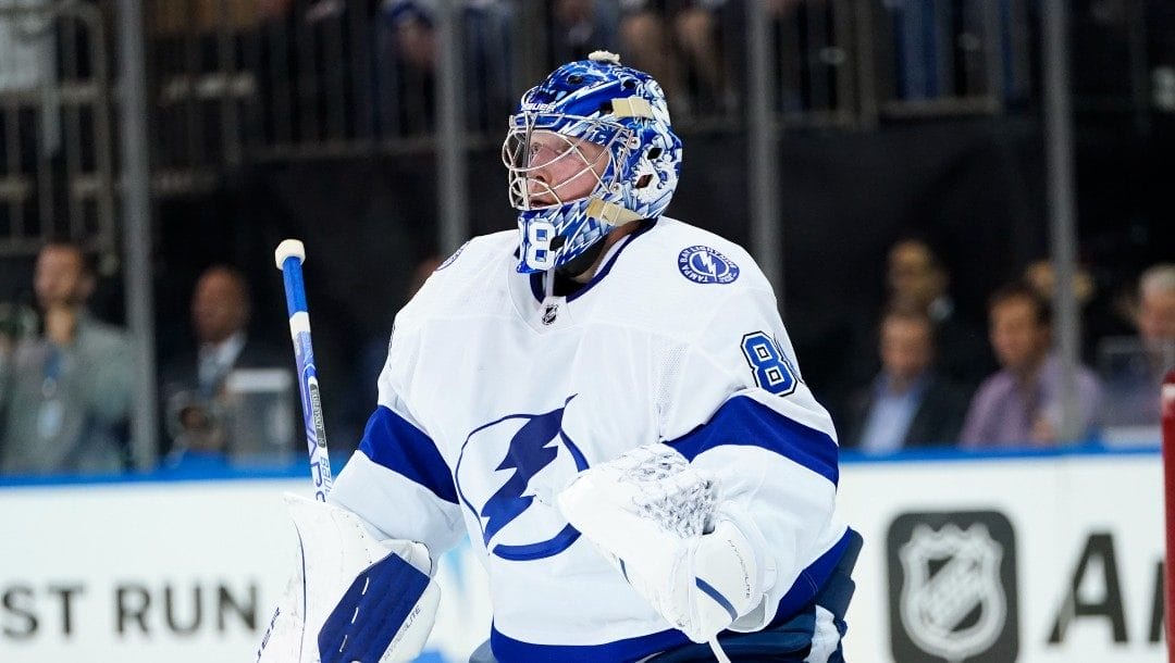 Tampa Bay Lightning's Andrei Vasilevskiy during the second period of Game 1 of the NHL hockey Stanley Cup playoffs Eastern Conference finals against the New York Rangers Wednesday, June 1, 2022, in New York.