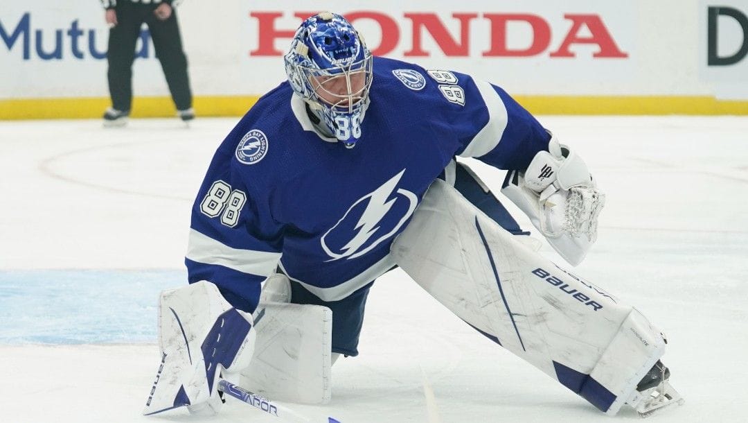 Tampa Bay Lightning goaltender Andrei Vasilevskiy (88) against the New York Rangers during the first period in Game 3 of the NHL hockey Stanley Cup playoffs Eastern Conference finals Sunday, June 5, 2022, in Tampa, Fla.