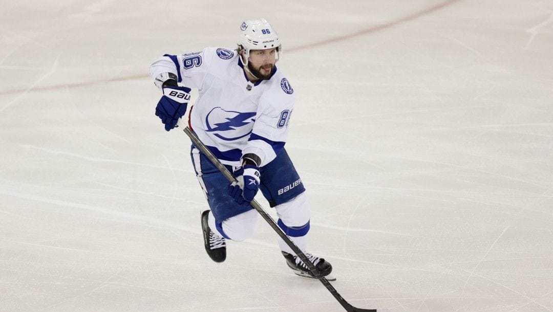 Tampa Bay Lightning right wing Nikita Kucherov (86) controls the puck against the New York Rangers during the second period in Game 5 of the NHL Hockey Stanley Cup playoffs Eastern Conference Finals, Thursday, June 9, 2022, in New York