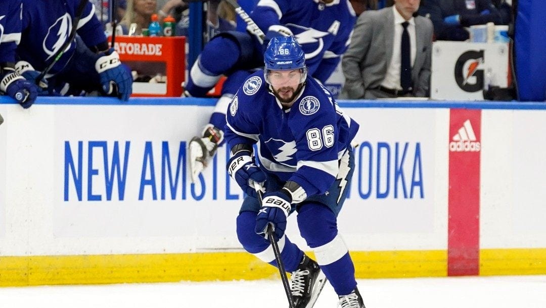 Tampa Bay Lightning right wing Nikita Kucherov (86) moves the puck against the New York Rangers during the second period in Game 4 of the NHL Hockey Stanley Cup playoffs Eastern Conference finals Tuesday, June 7, 2022, in Tampa, Fla.