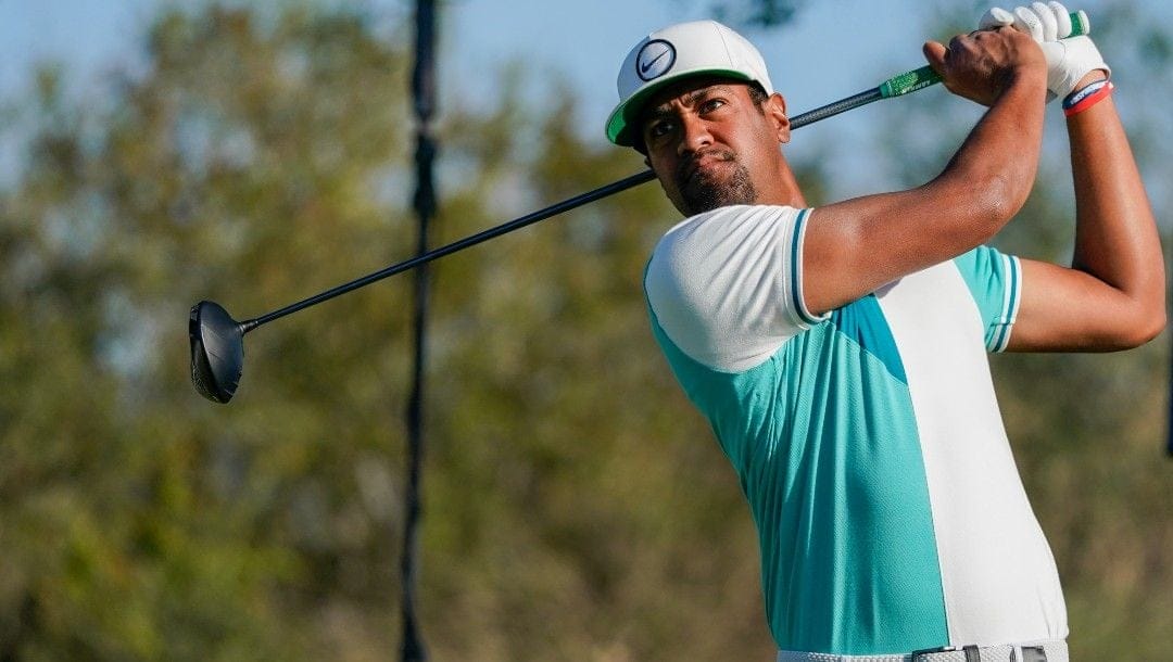 Tony Finau, of the United States, tees off on the 14th hole during the second round of the Mexico Open at Vidanta in Puerto Vallarta, Mexico, Friday, April 29, 2022.