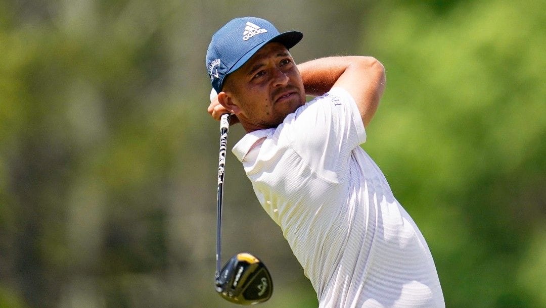 Xander Schauffele hits on the eighth hole during a practice round for the U.S. Open golf tournament at The Country Club, Wednesday, June 15, 2022, in Brookline, Mass.