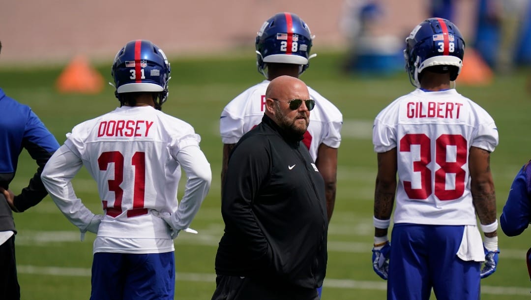 New York Giants head coach Brian Daboll participates in a practice at the NFL football team's training facility in East Rutherford, N.J., Thursday, May 26, 2022. (AP Photo/Seth Wenig)