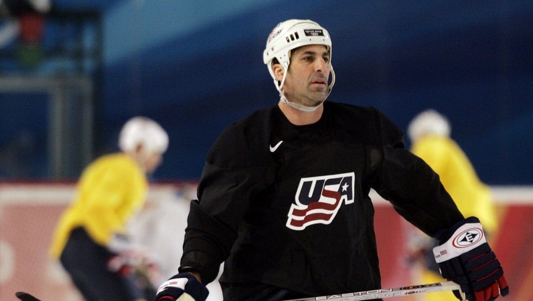 Detroit Redwing Chris Chelios of the United State's Mens Hockey team watches a drill during a practice at the Turin 2006 Winter Olympics Games in Turin, Italy, Tuesday Feb. 14, 2006.(AP Photo/Eric Risberg)