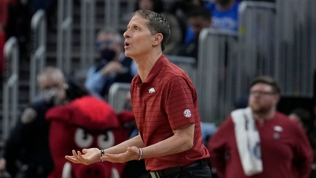Arkansas head coach Eric Musselman reacts toward an official during the first half of his team's college basketball game against Duke in the Elite 8 round of the NCAA men's tournament in San Francisco, Saturday, March 26, 2022. (AP Photo/Tony Avelar)