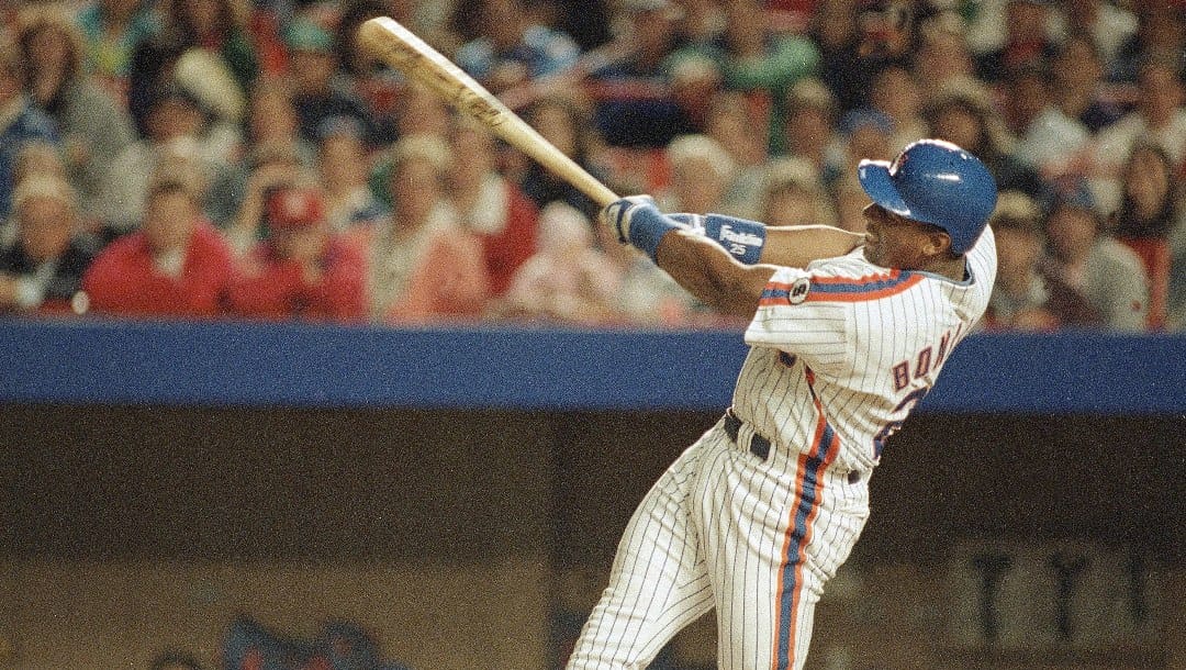 New York Mets Bobby Bonilla busts out of his hitting slump with this swing, to gave him a grand slam against the San Francisco Giants in the second inning, June 1, 1992 at New York’s Shea Stadium. Bonilla, who wore earplugs during game on Saturday with Atlanta to block out the boos of unhappy fans, was given a long and loud standing ovation after his grand slam and ended the game with a career-high six RBIs as the Mets won 14-1.