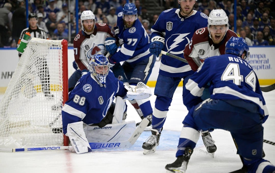 Tampa Bay Lightning goaltender Andrei Vasilevskiy (88) guards the goal during the second period of Game 3 of the NHL hockey Stanley Cup Finals against the Colorado Avalanche on Monday, June 20, 2022, in Tampa, Fla.