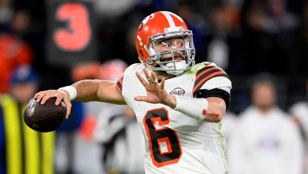 Then-Cleveland Browns quarterback Baker Mayfield (6) passes during the second half of an NFL football game against the Baltimore Ravens, Sunday, Nov. 28, 2021, in Baltimore.