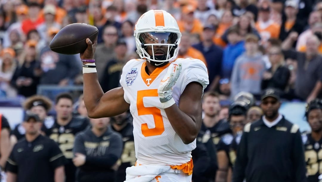 Tennessee quarterback Hendon Hooker passes against Purdue in the first half of the Music City Bowl NCAA college football game Thursday, Dec. 30, 2019, in Nashville, Tenn. (AP Photo/Mark Humphrey)