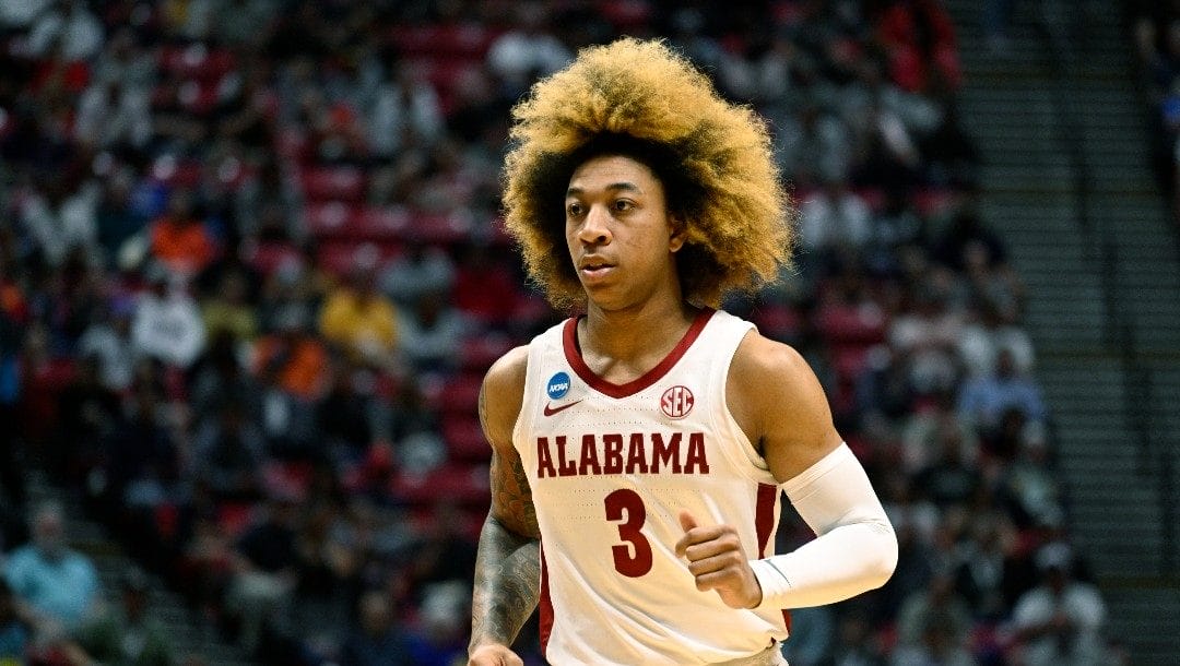 Alabama guard JD Davison a first-round NCAA college basketball tournament game against Notre Dame, Friday, March 18, 2022, in San Diego.